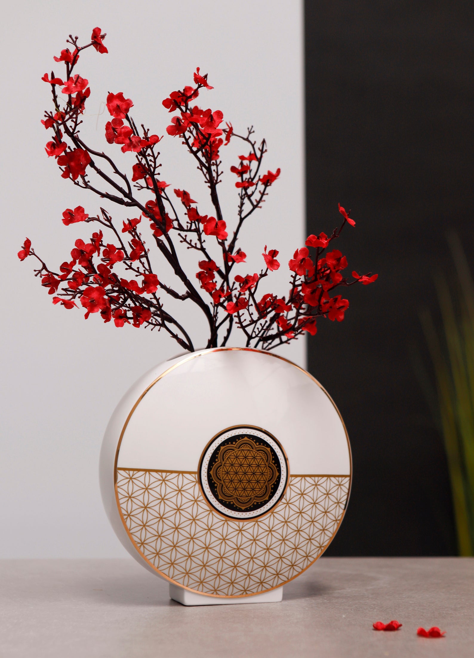 Vase - Lotus Yin Yang schwarz / Blume des Lebens weiß