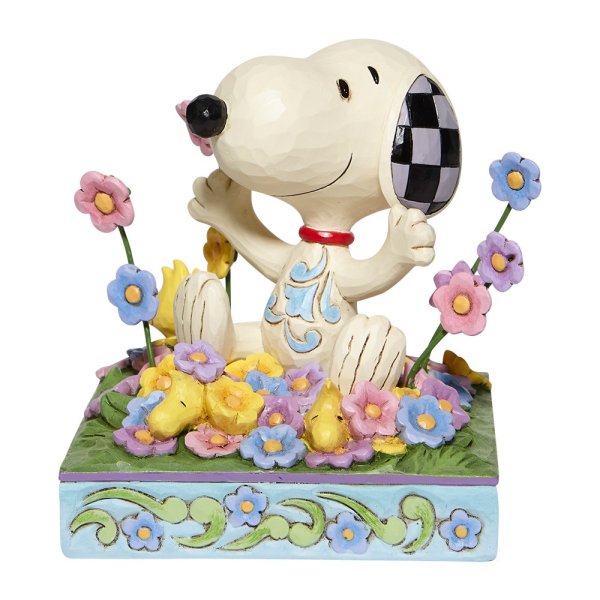 Peanuts-Snoopy-Woodstock-im-Blumenfeld-Jim-Shore-Figur-berlindeluxe-blumen-hund-gras