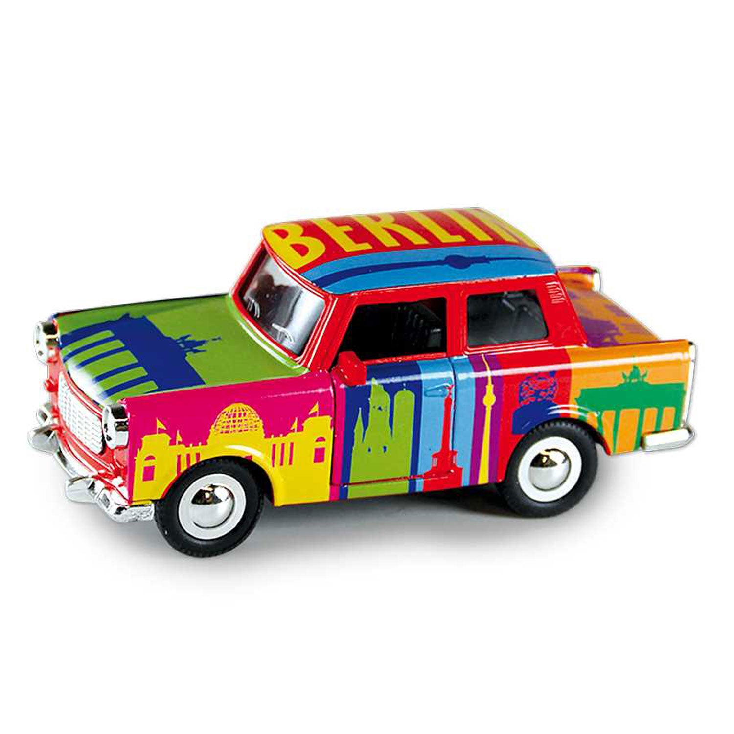 Miniatur Trabi DDR Kult-Auto mit Berlin Skyline bunt 12cm