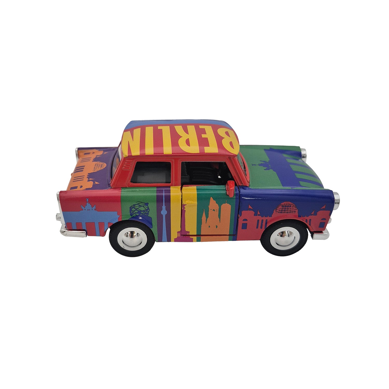 Miniatur Trabi DDR Kult-Auto mit Berlin Skyline bunt 12cm