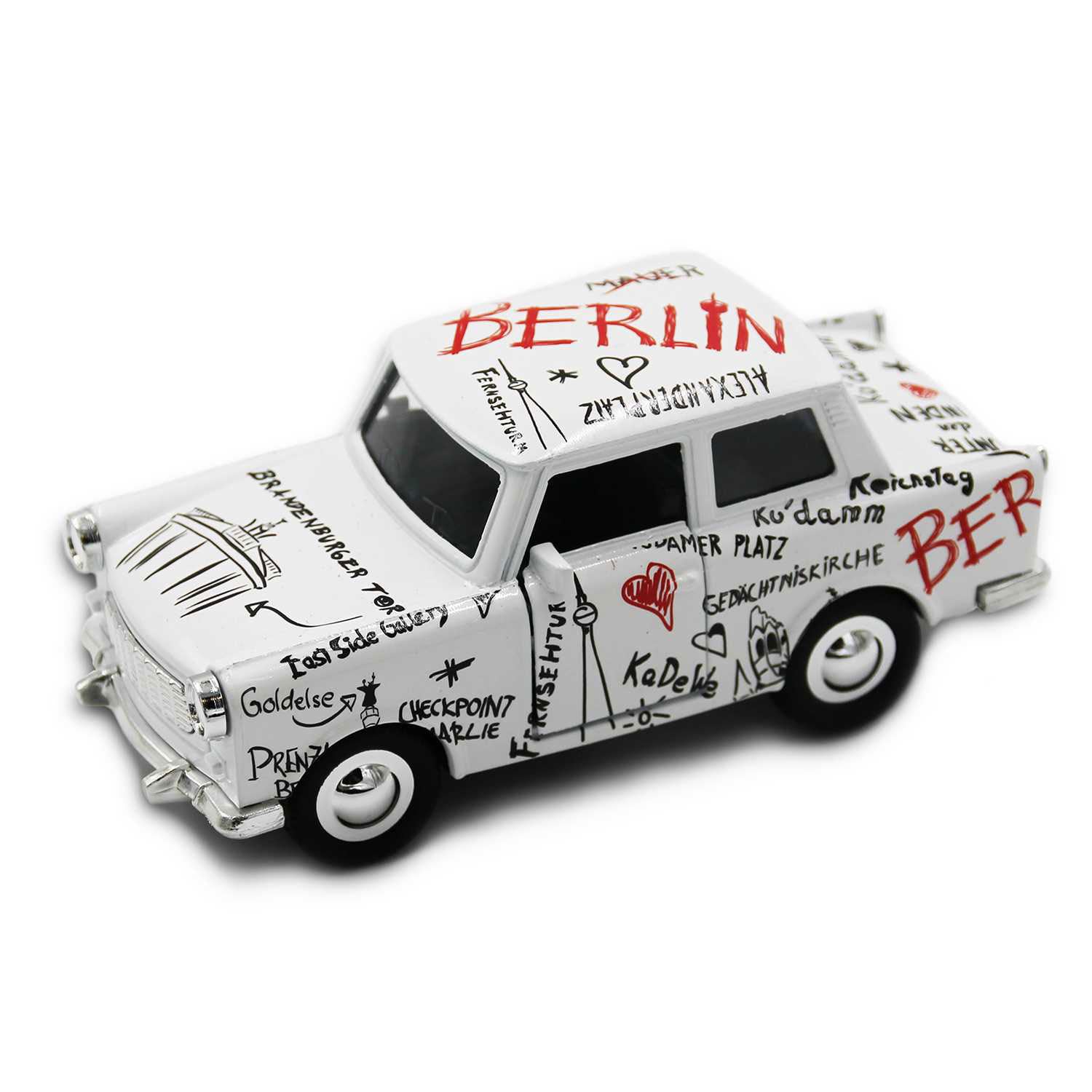 Miniatur Trabi DDR Kult-Auto im Sketch Design weiß 12cm