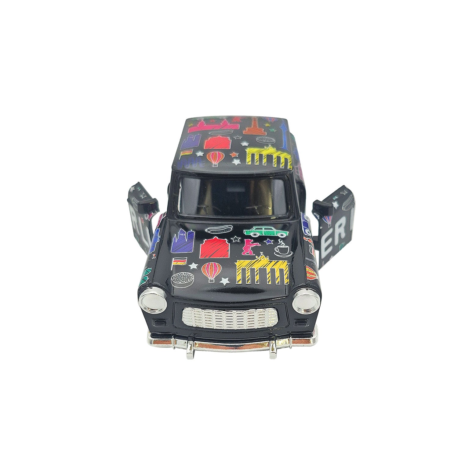 Miniatur Trabi DDR Kult-Auto im Scribble Design schwarz 12cm