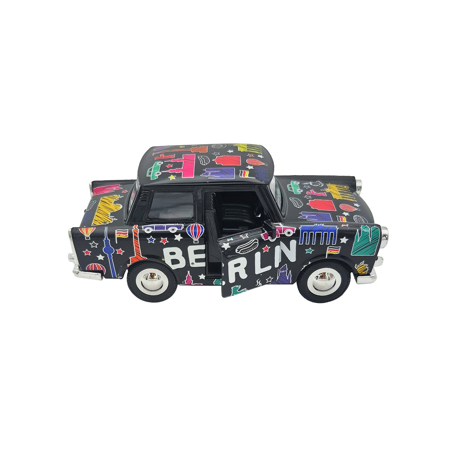 Miniatur Trabi DDR Kult-Auto im Scribble Design schwarz 12cm