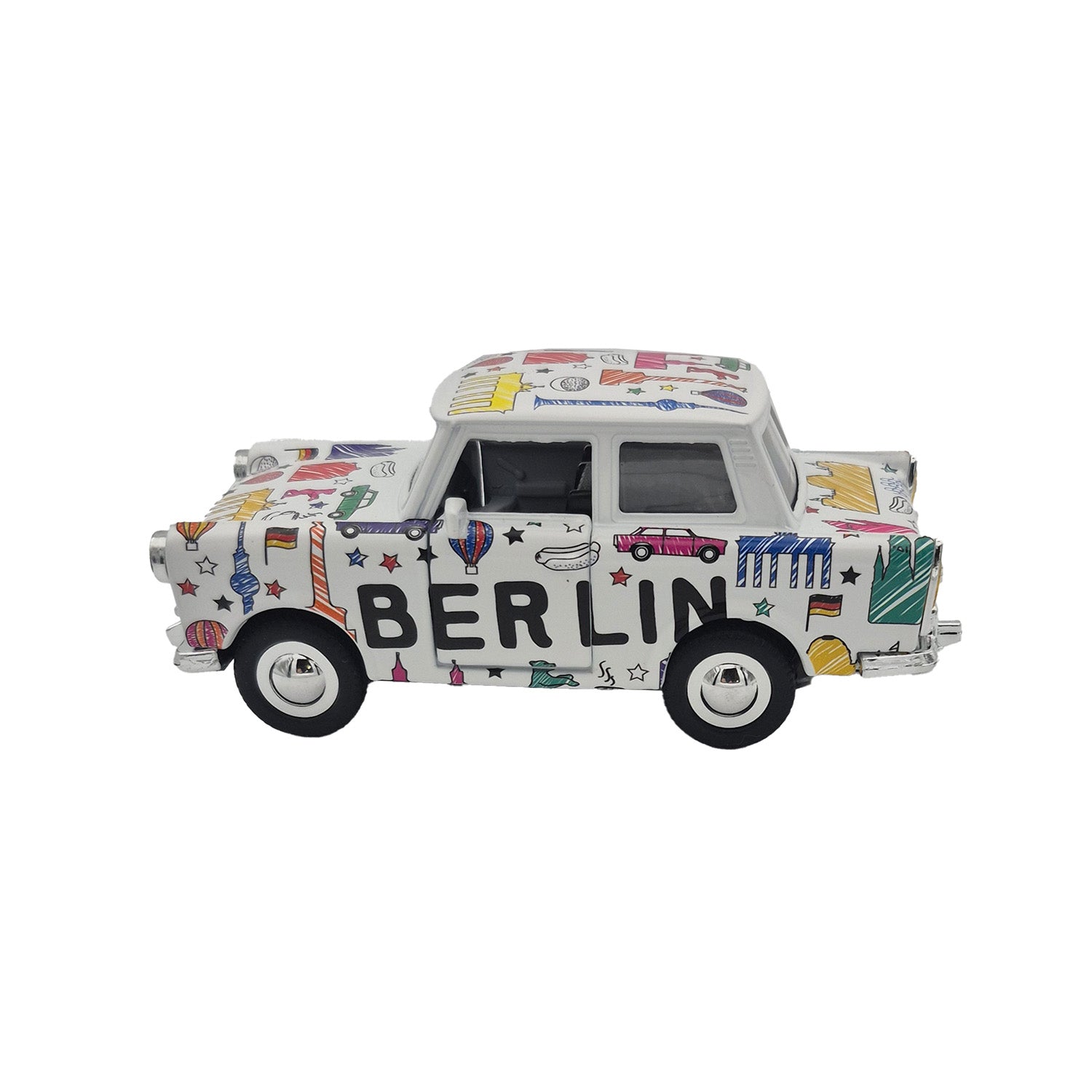 Miniatur Trabi DDR Kult-Auto im Scribble Design weiß 12cm
