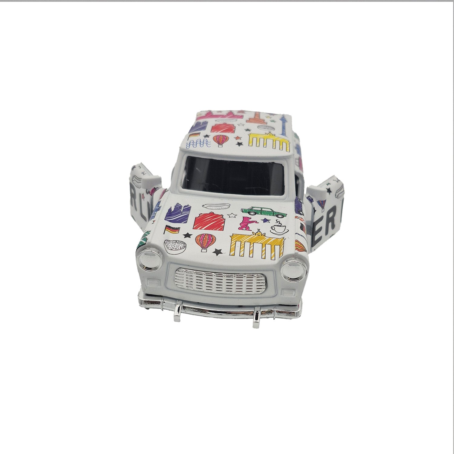 Miniatur Trabi DDR Kult-Auto im Scribble Design weiß 12cm