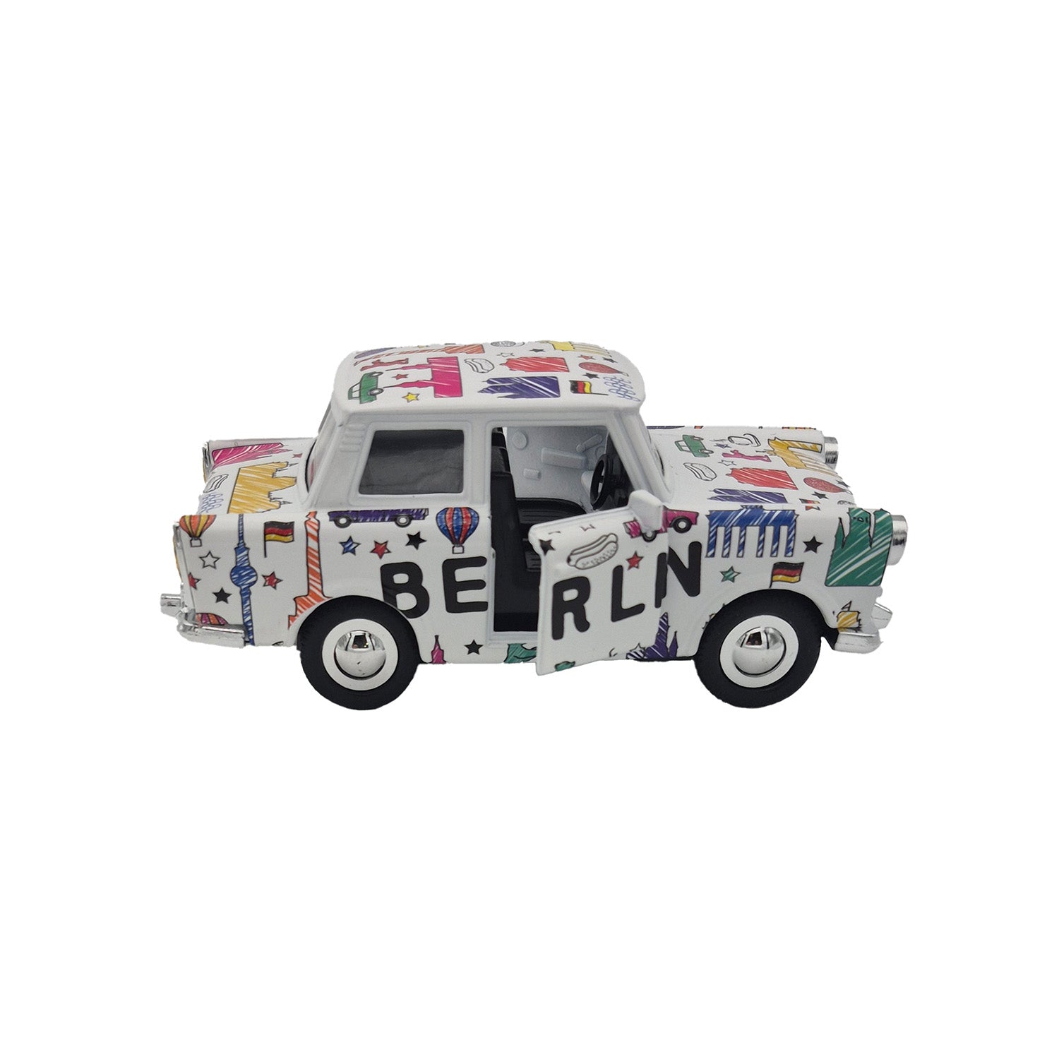 Miniatur Trabi DDR Kult-Auto im Scribble Design weiß 12cm
