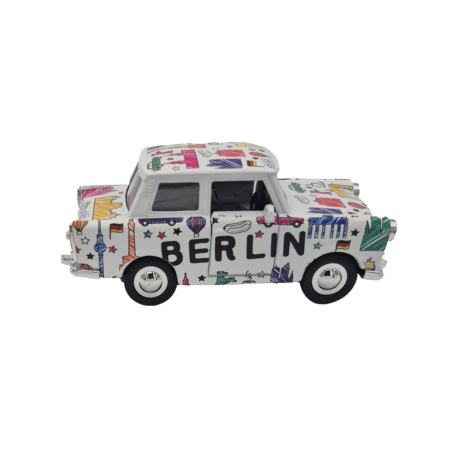 Miniatur Trabi DDR Kult-Auto im Scribble Design weiß 12cm