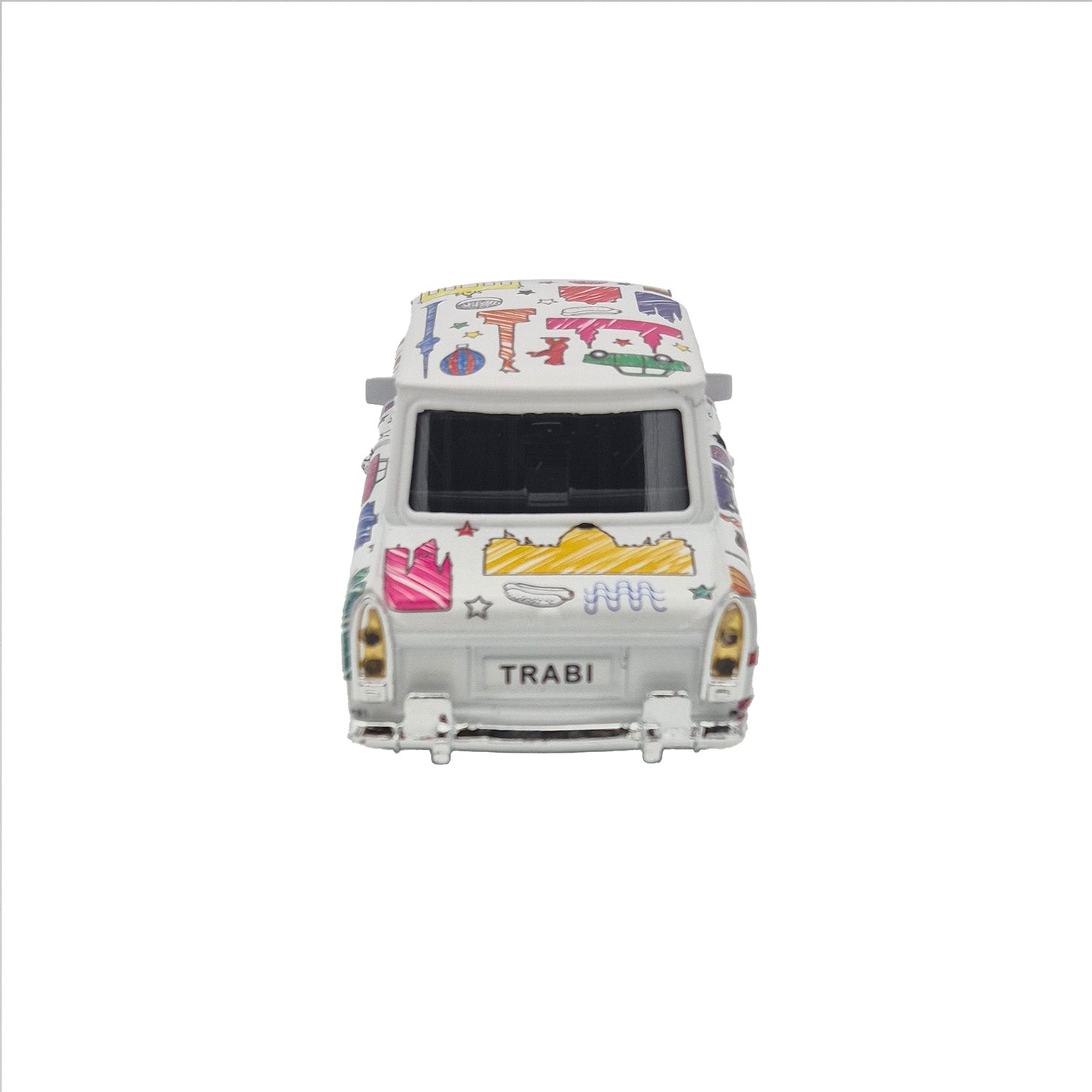 Miniatur Trabi DDR Kult-Auto im Scribble Design weiß 12cm