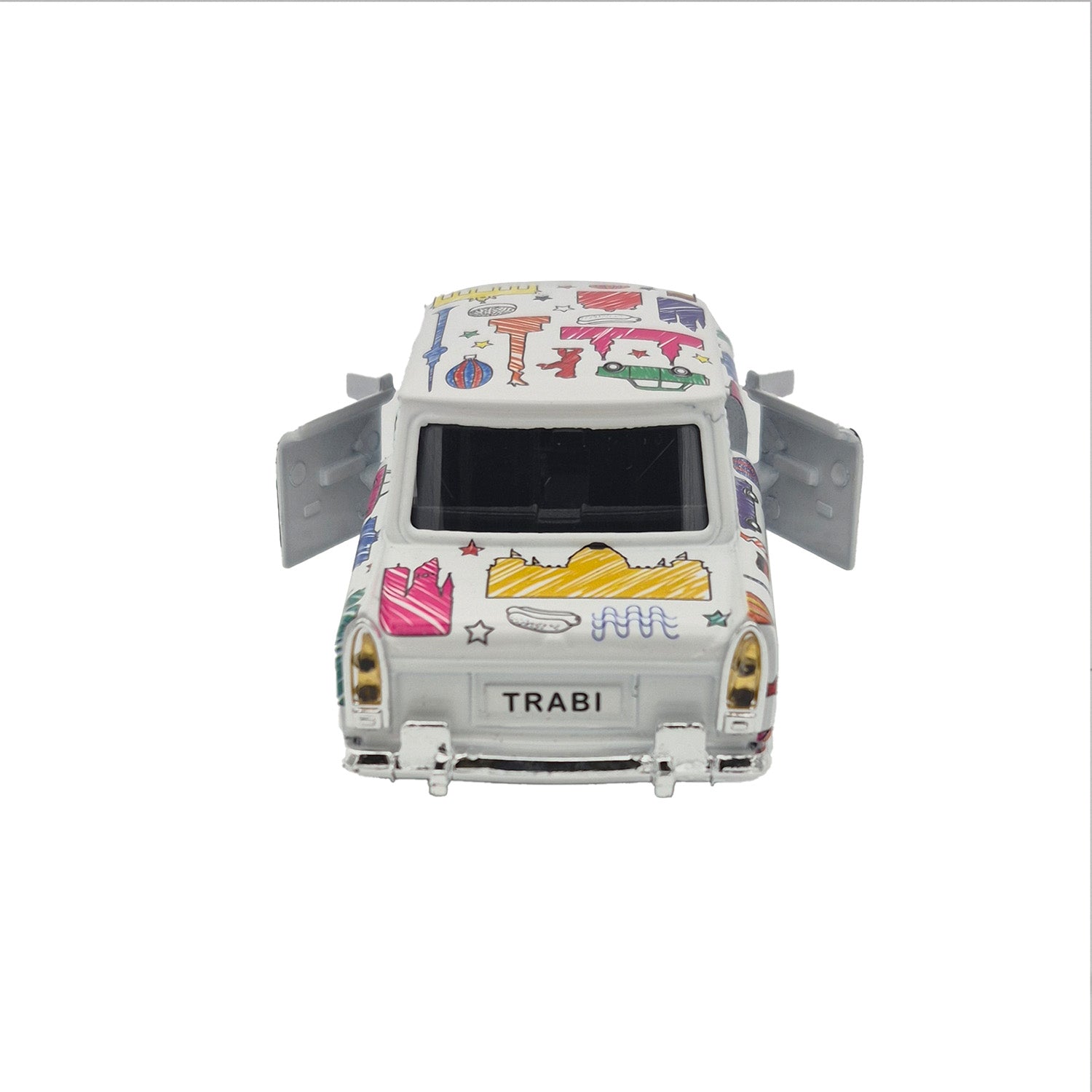 Miniatur Trabi DDR Kult-Auto im Scribble Design weiß 12cm