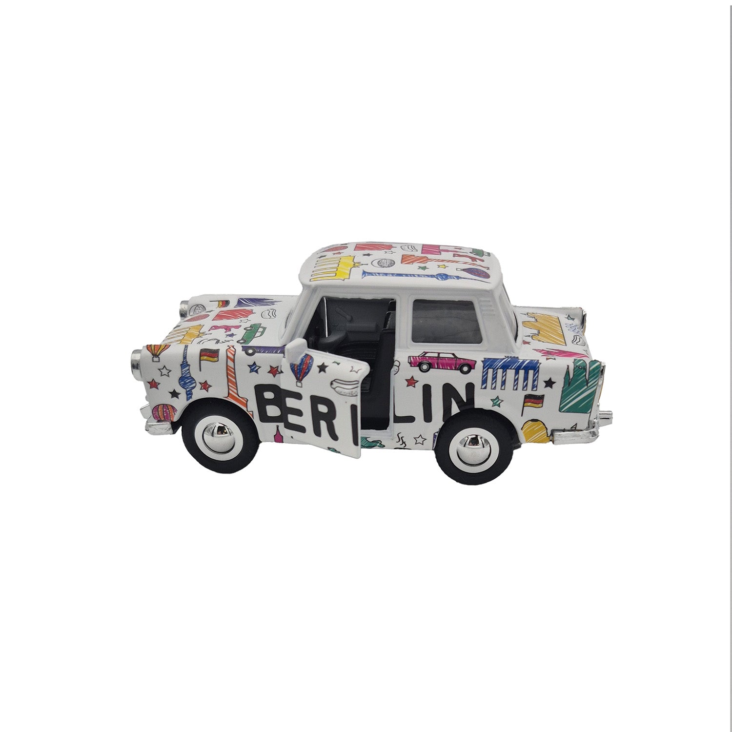 Miniatur Trabi DDR Kult-Auto im Scribble Design weiß 12cm