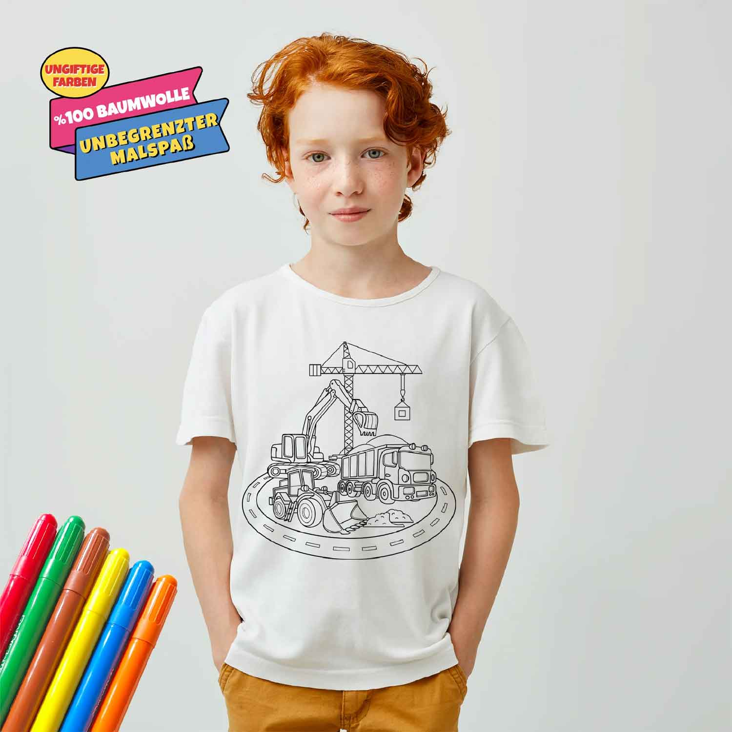Kinder T-Shirt Set zum Bemalen "Die Baustelle" inkl. 6 Filzstifte
