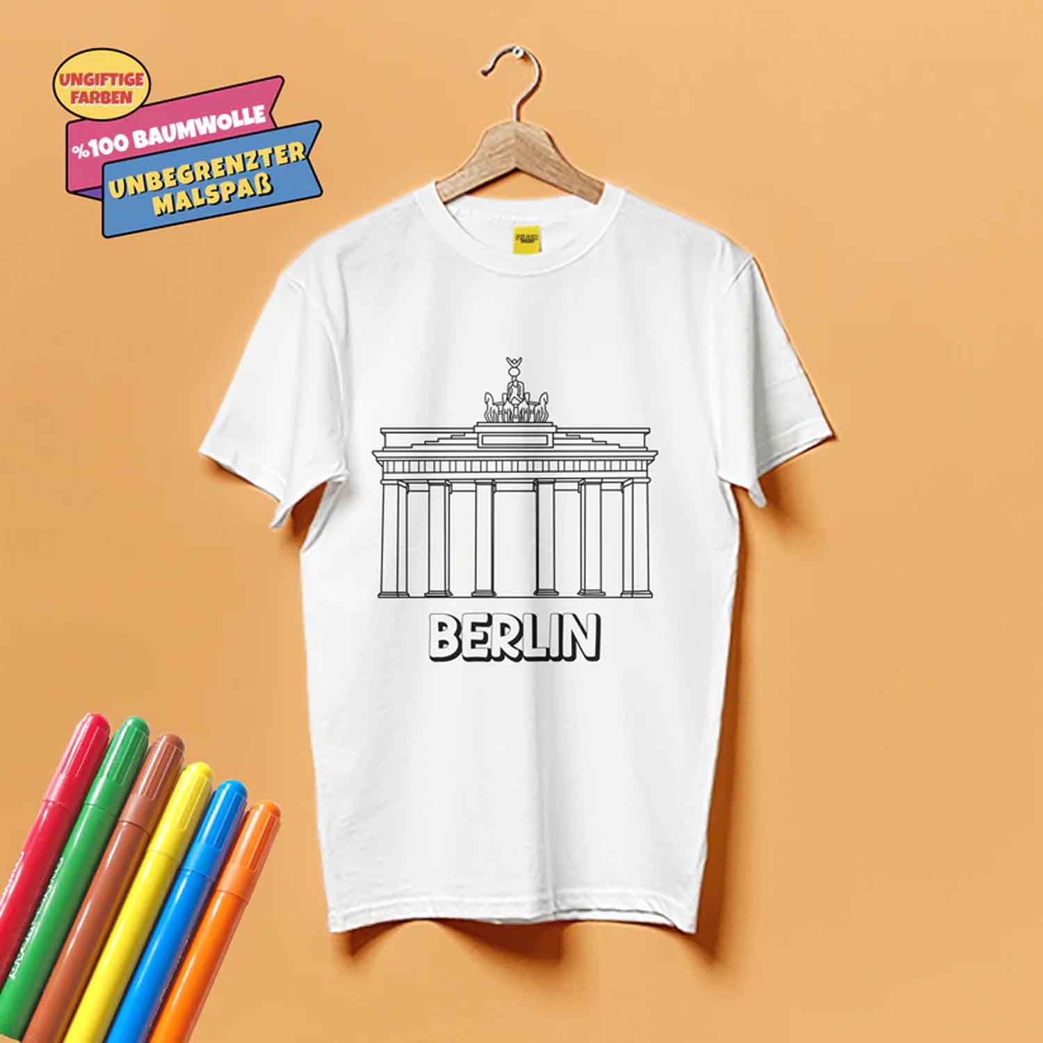 Kinder T-Shirt Set zum Bemalen - verschiedene tolle Berlin Motive inkl. 6 Filzstifte
