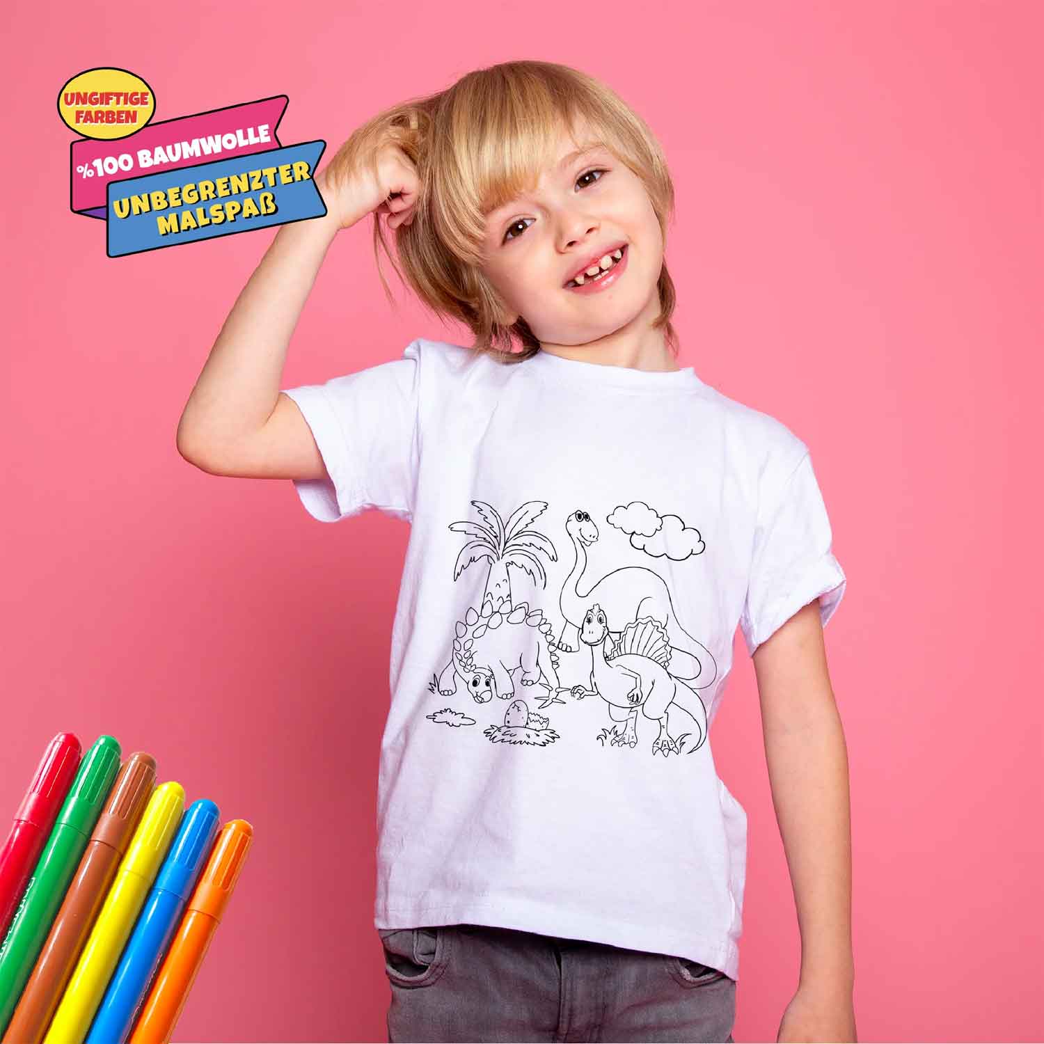 Kinder T-Shirt Set zum Bemalen "Dinosaurierwelt" inkl. 6 Filzstifte