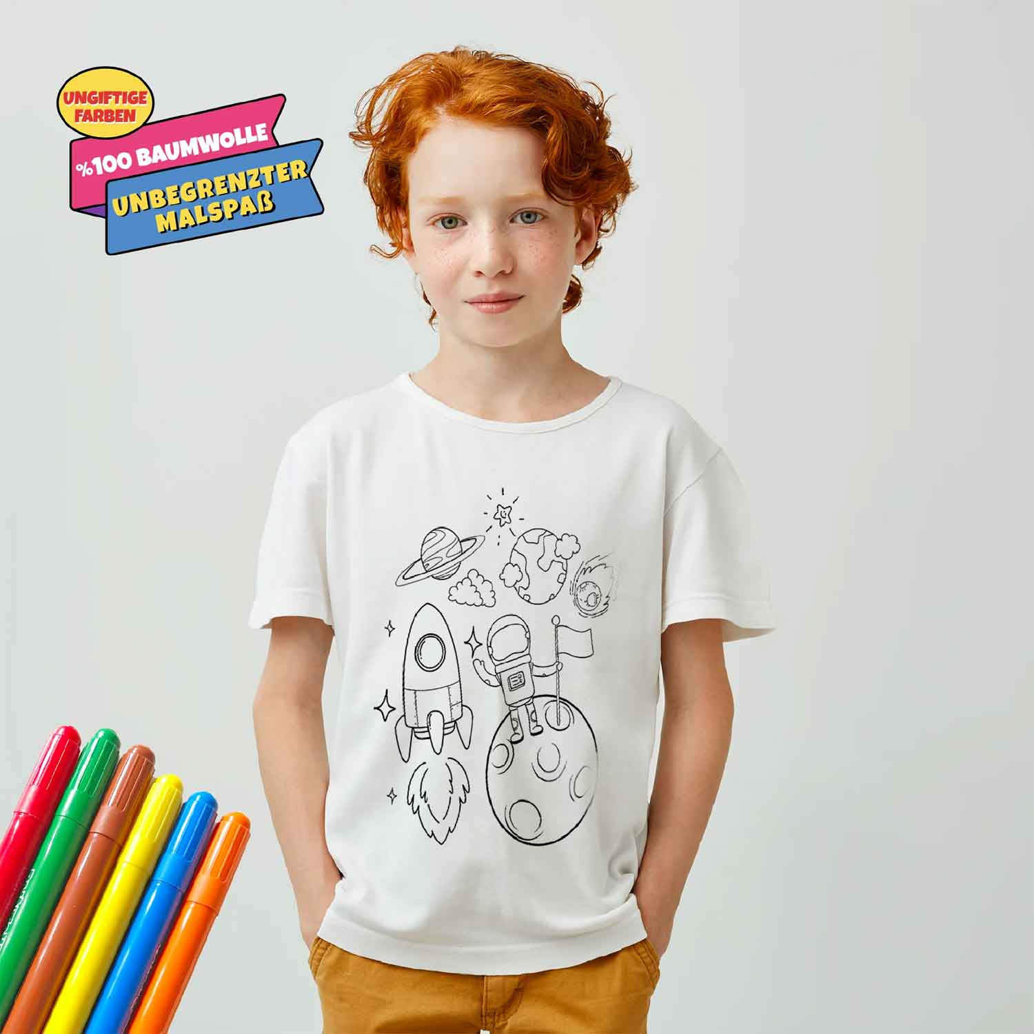 Kinder T-Shirt Set zum Bemalen "Im Weltall" inkl. 6 Filzstifte