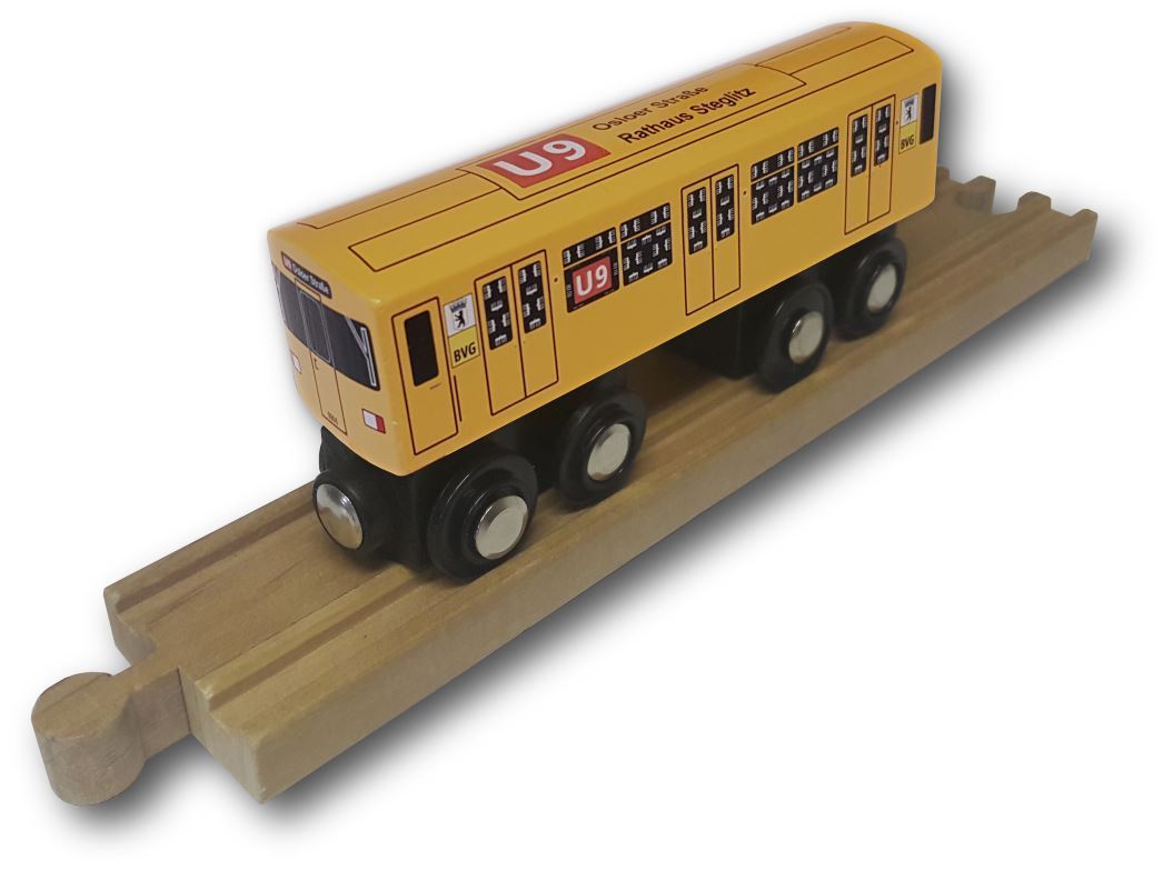 Miniature wooden subway Berlin U9 to play with.