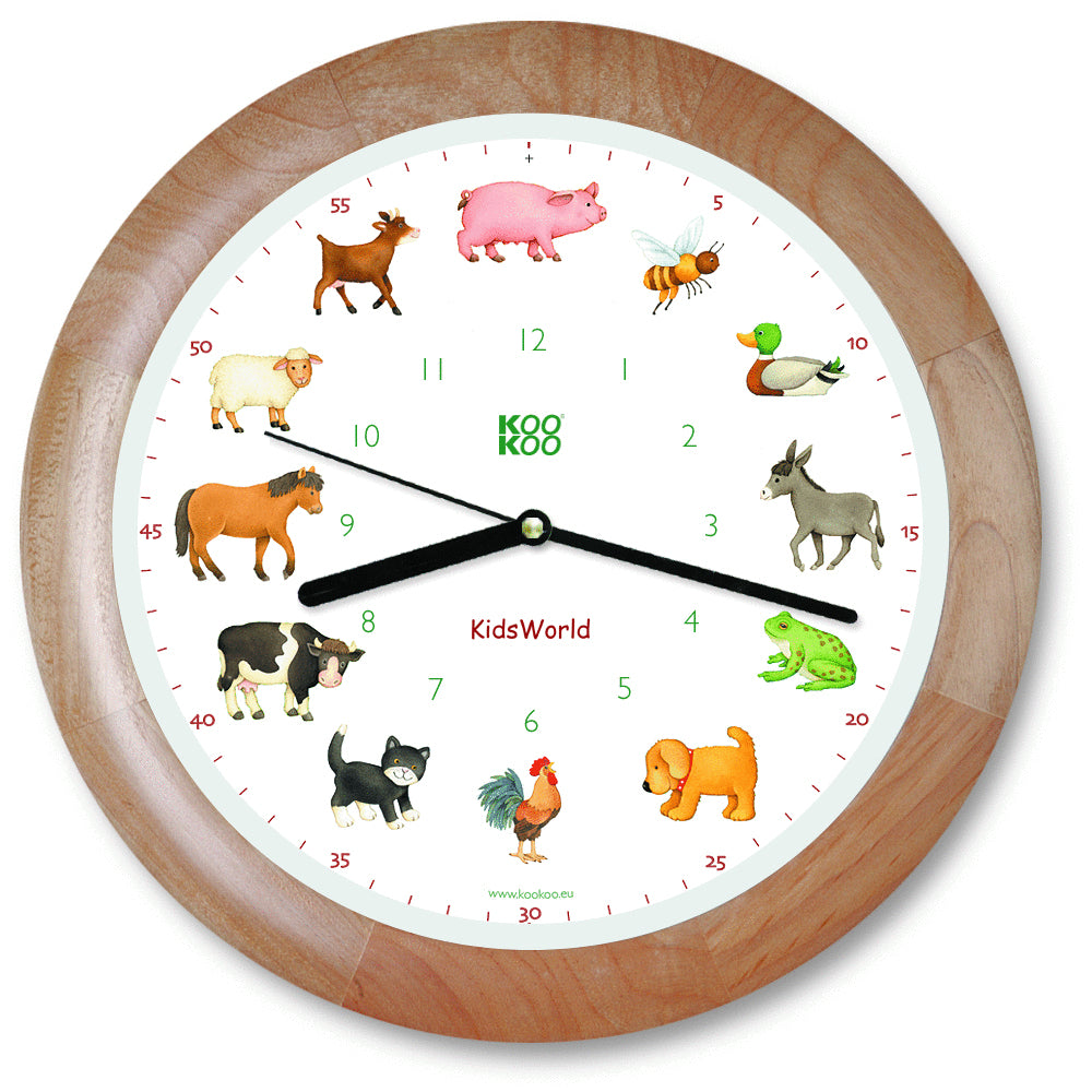 KidsWorld-Uhr-mit-Tierstimmen-von-KOOKOO-berlindeluxe-tiere-uhr-frosch-pferd-enet-braun