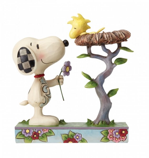 Peanuts-Snoopy-Woodstock-blumiges-Geschenk-Jim-Shore-Figur-hund-bai,-vogel-nest-blume