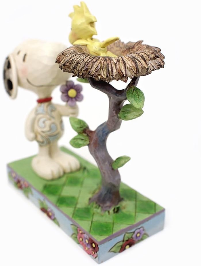 Peanuts-Snoopy-Woodstock-blumiges-Geschenk-Jim-Shore-Figur-hund-bai,-vogel-nest-blume-oben