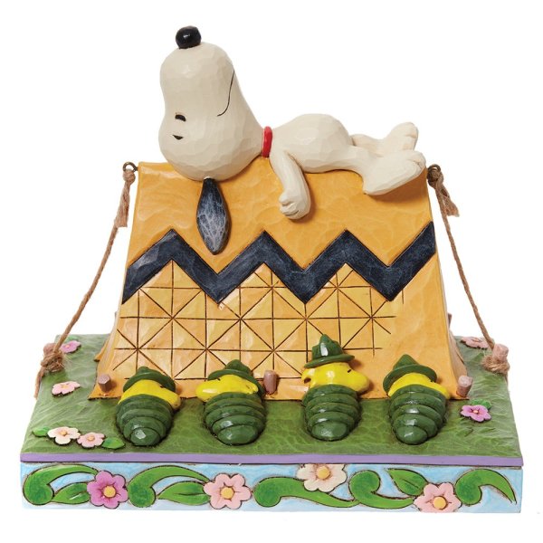 Peanuts-Snoopy-Woodstock-Camping-Jim-Shore-Figur-berlindeluxe-zelt-gelb-gras-kuecken-schlafsaecke