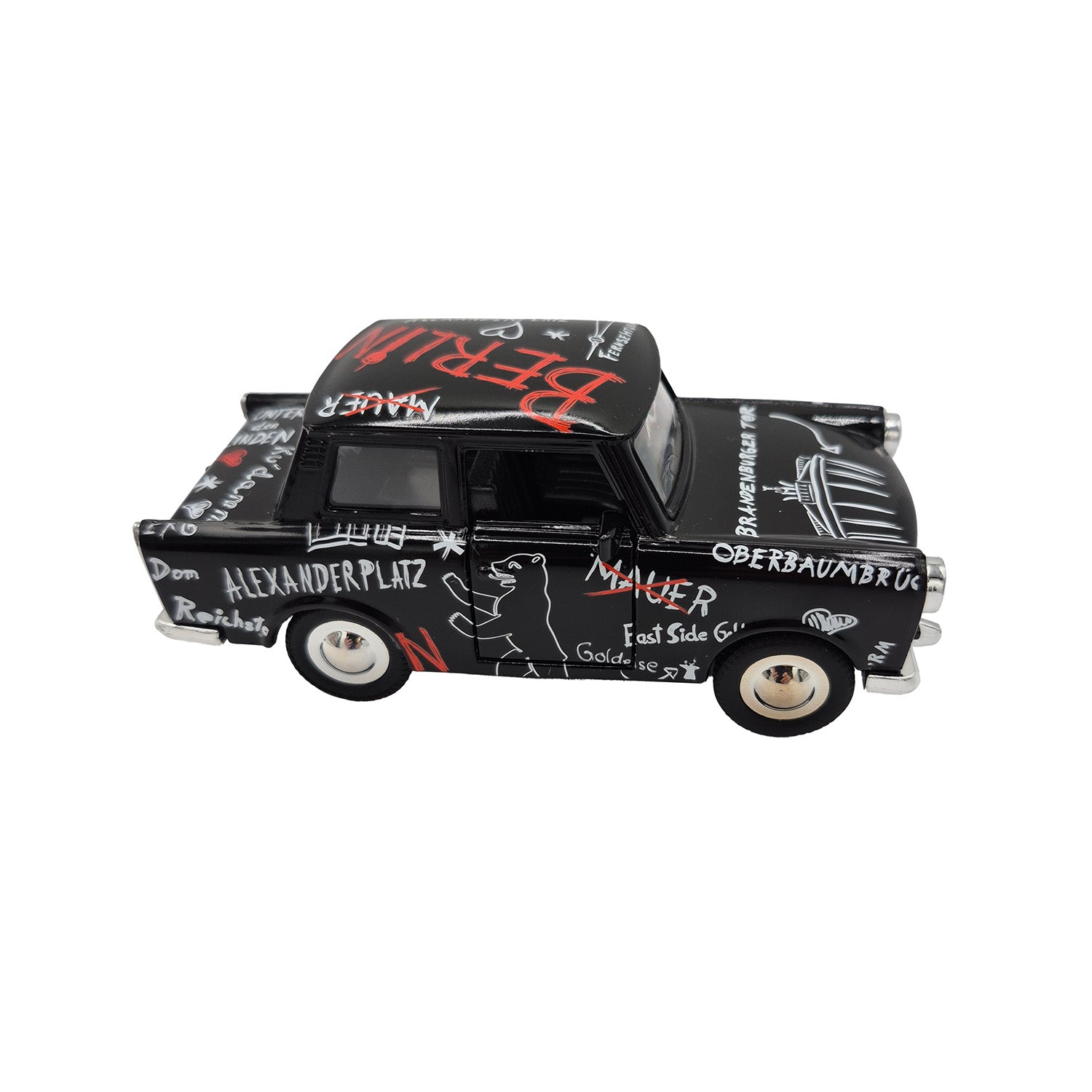 Miniatur Trabi DDR Kult-Auto im Sketch Design schwarz 12cm