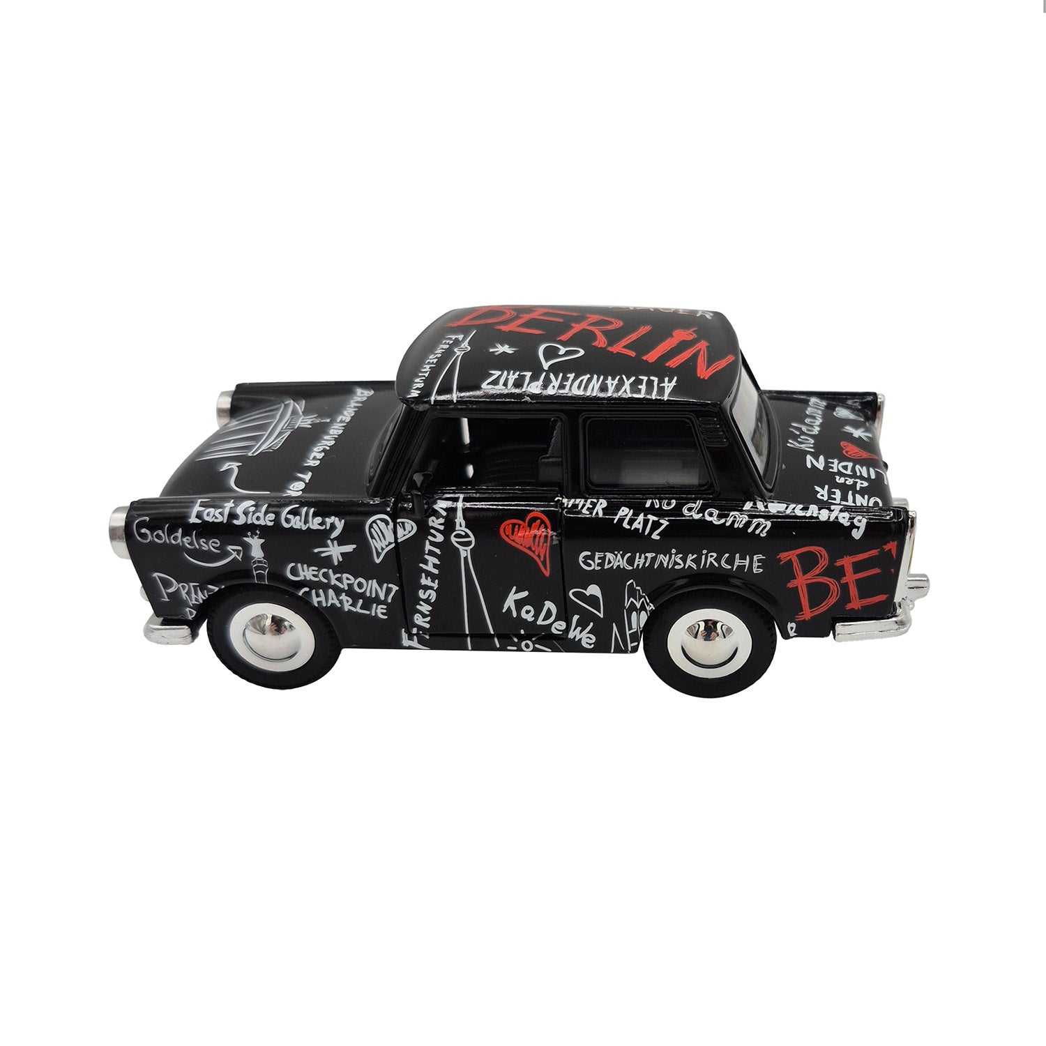 Miniatur Trabi DDR Kult-Auto im Sketch Design schwarz 12cm