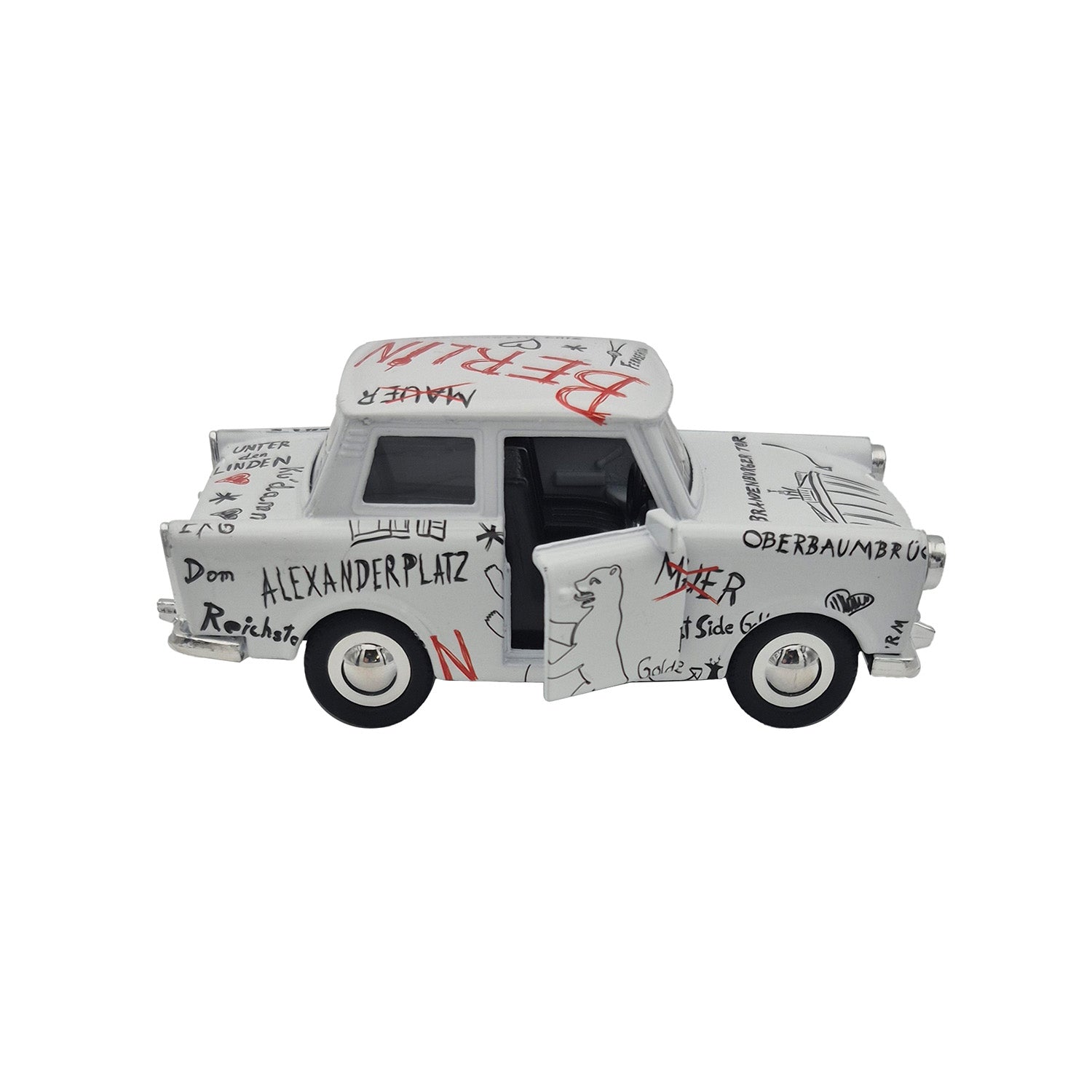 Miniatur Trabi DDR Kult-Auto im Sketch Design weiß 12cm