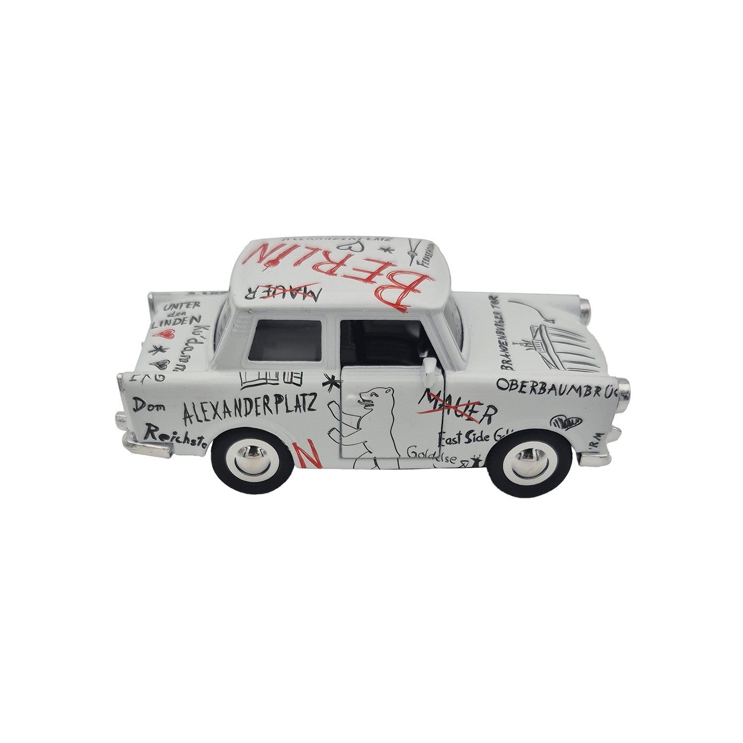 Miniatur Trabi DDR Kult-Auto im Sketch Design weiß 12cm