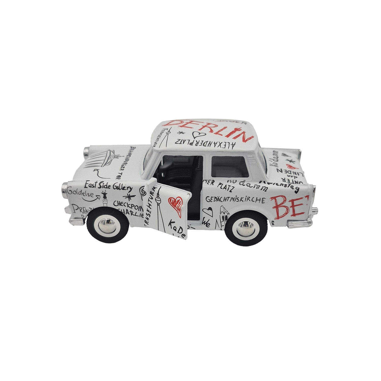 Miniatur Trabi DDR Kult-Auto im Sketch Design weiß 12cm