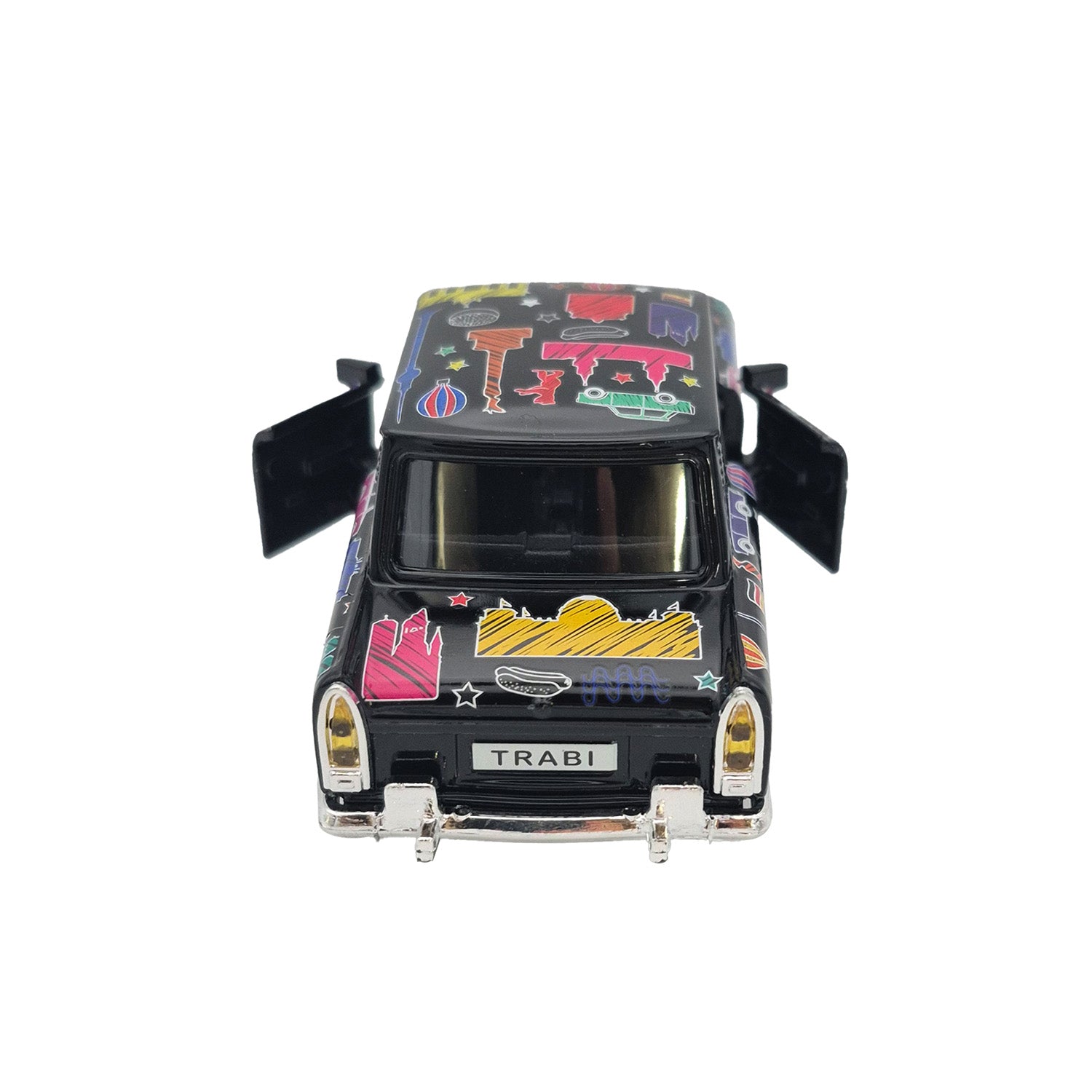Miniatur Trabi DDR Kult-Auto im Scribble Design schwarz 12cm