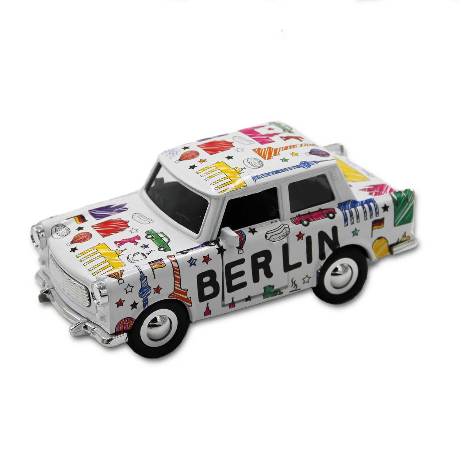 Miniatur Trabi DDR Kult-Auto im Scribble Design weiß 12cm