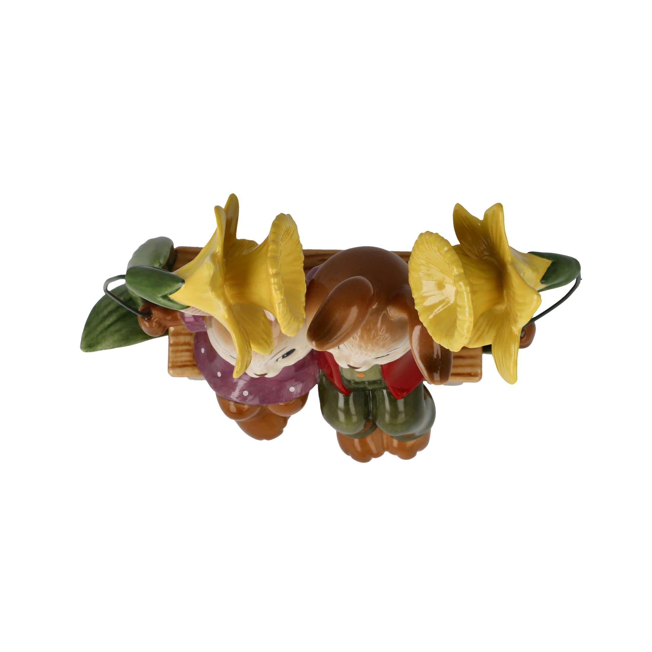 Goebel-Figur-Hasenpaar-Unsere-kleine-Welt-berlindeluxe-paar-blumen-gelb-pflanzen-bank-oben