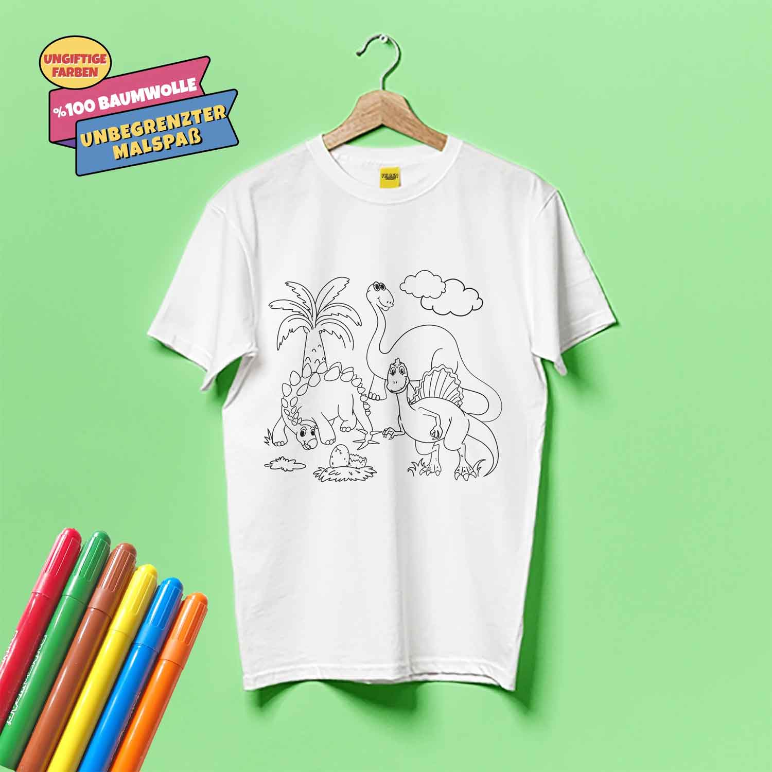 Kinder T-Shirt Set zum Bemalen "Dinosaurierwelt" inkl. 6 Filzstifte