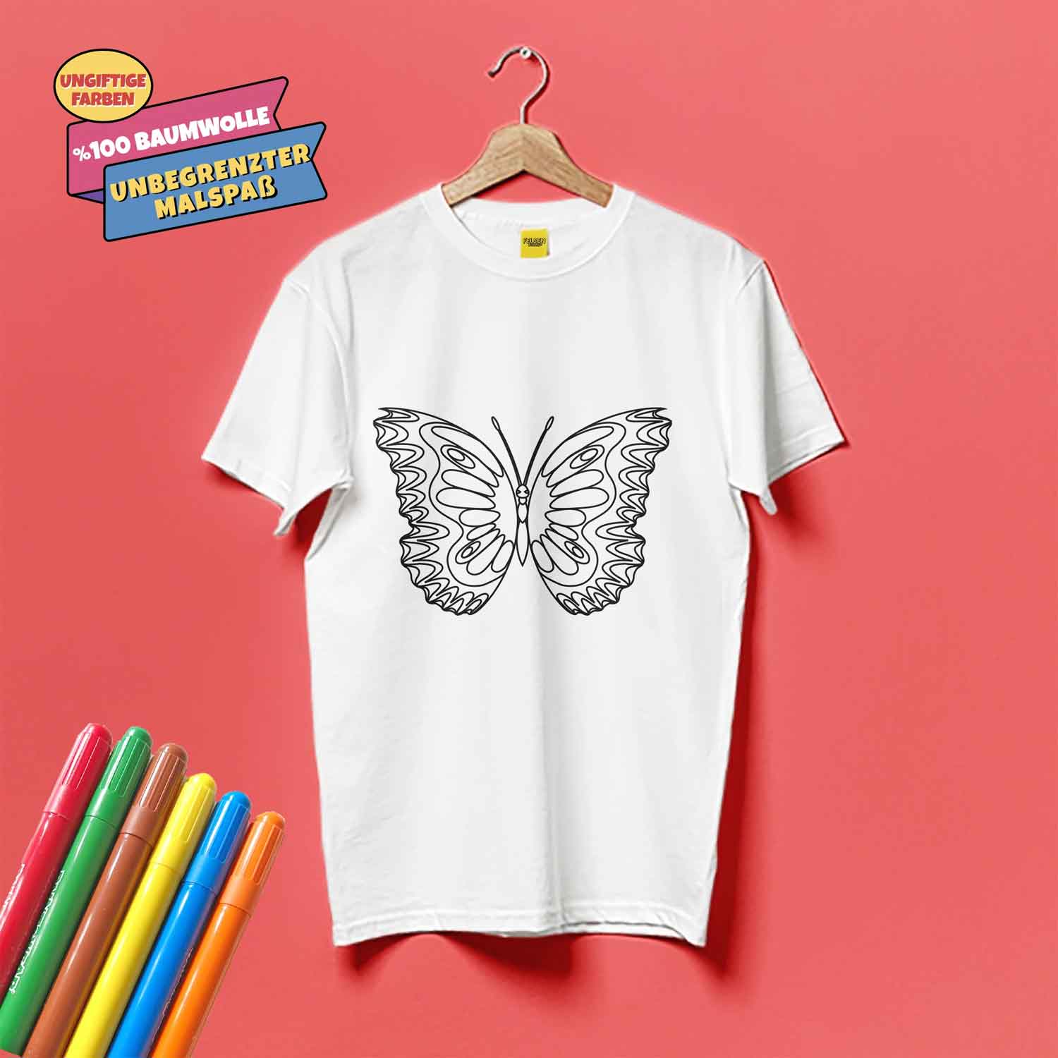 Kinder T-Shirt Set zum Bemalen "Der Schmetterling" inkl. 6 Filzstifte