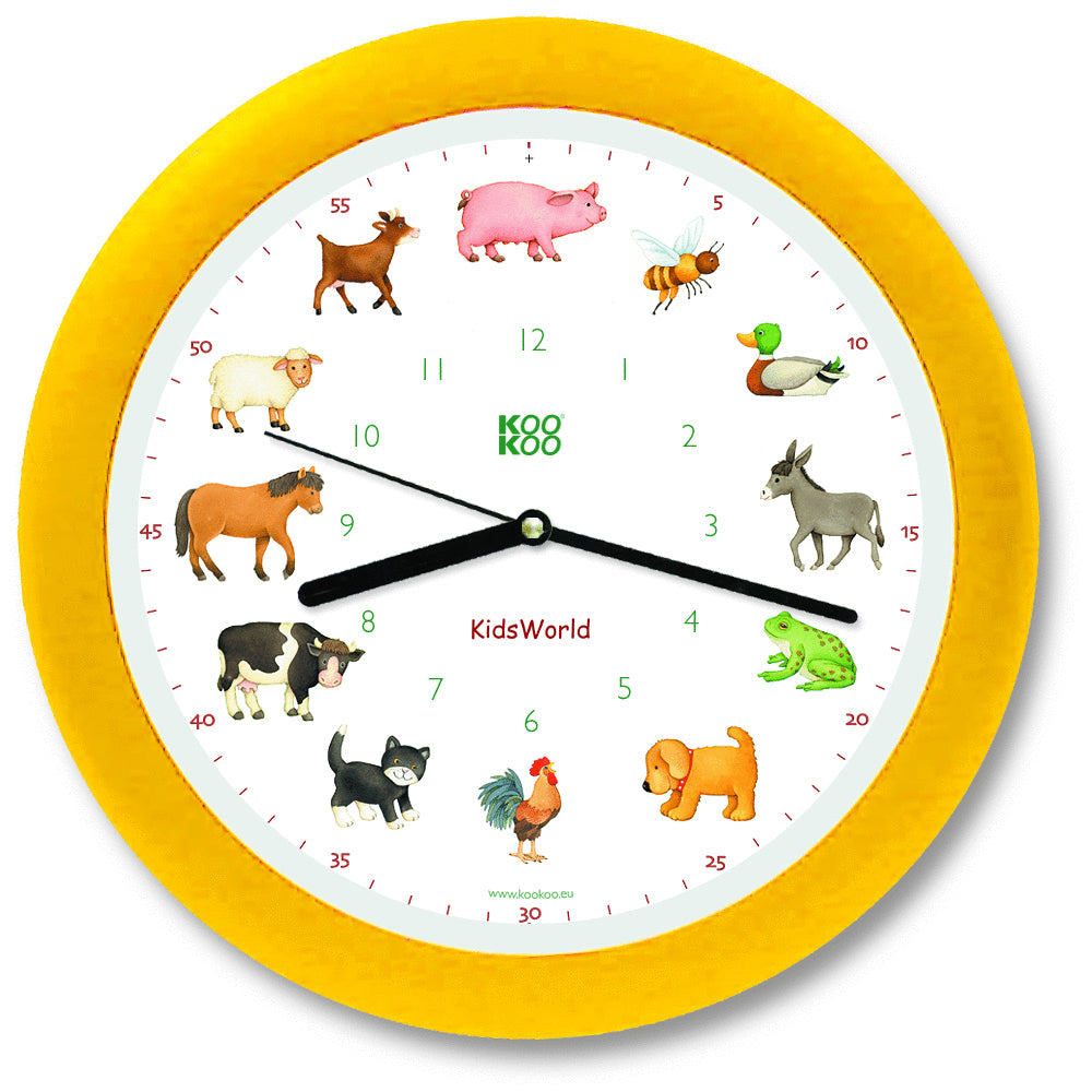 KidsWorld-Uhr-mit-Tierstimmen-von-KOOKOO-berlindeluxe-tiere-uhr-frosch-pferd-enet-gelb