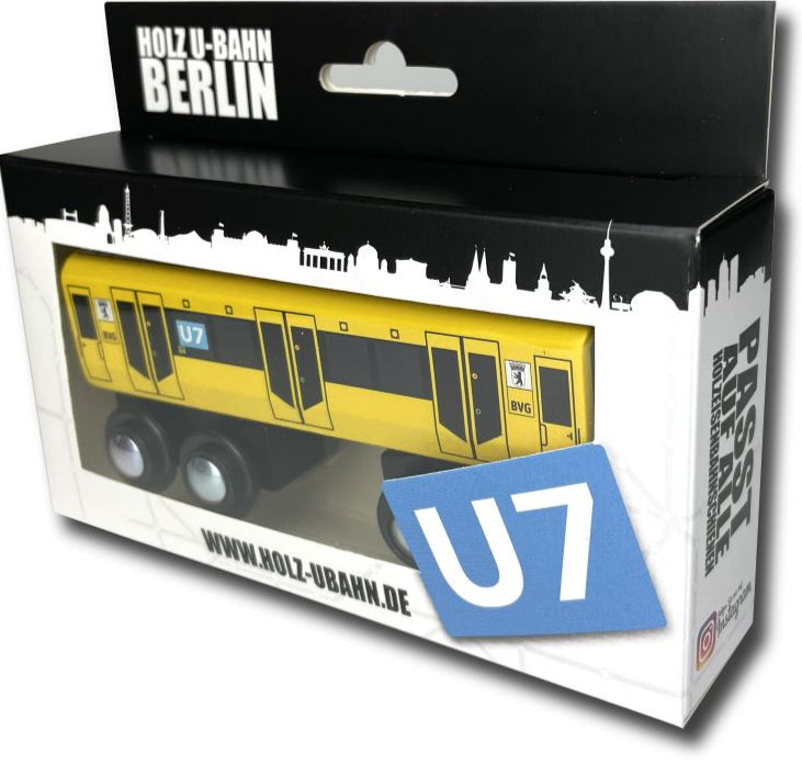 Miniatur Holz U-Bahn Berlin U7 zum Spielen.