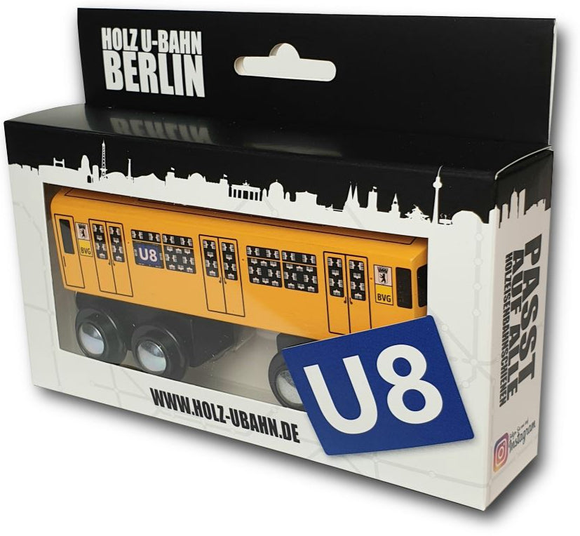 Miniatur Holz U-Bahn Berlin U8 zum Spielen.
